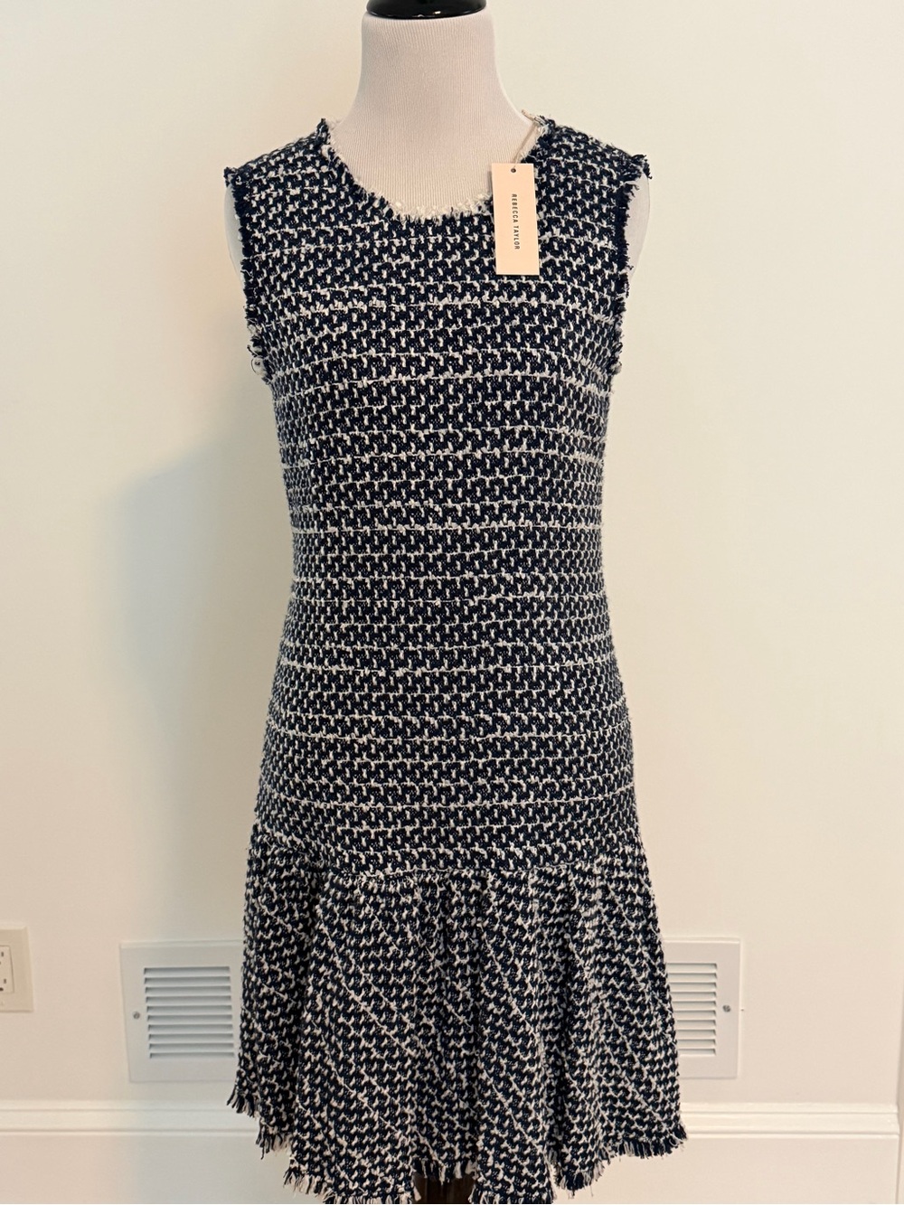 Rebecca Taylor Navy and White Tweed Drop-Waist Midi Dress